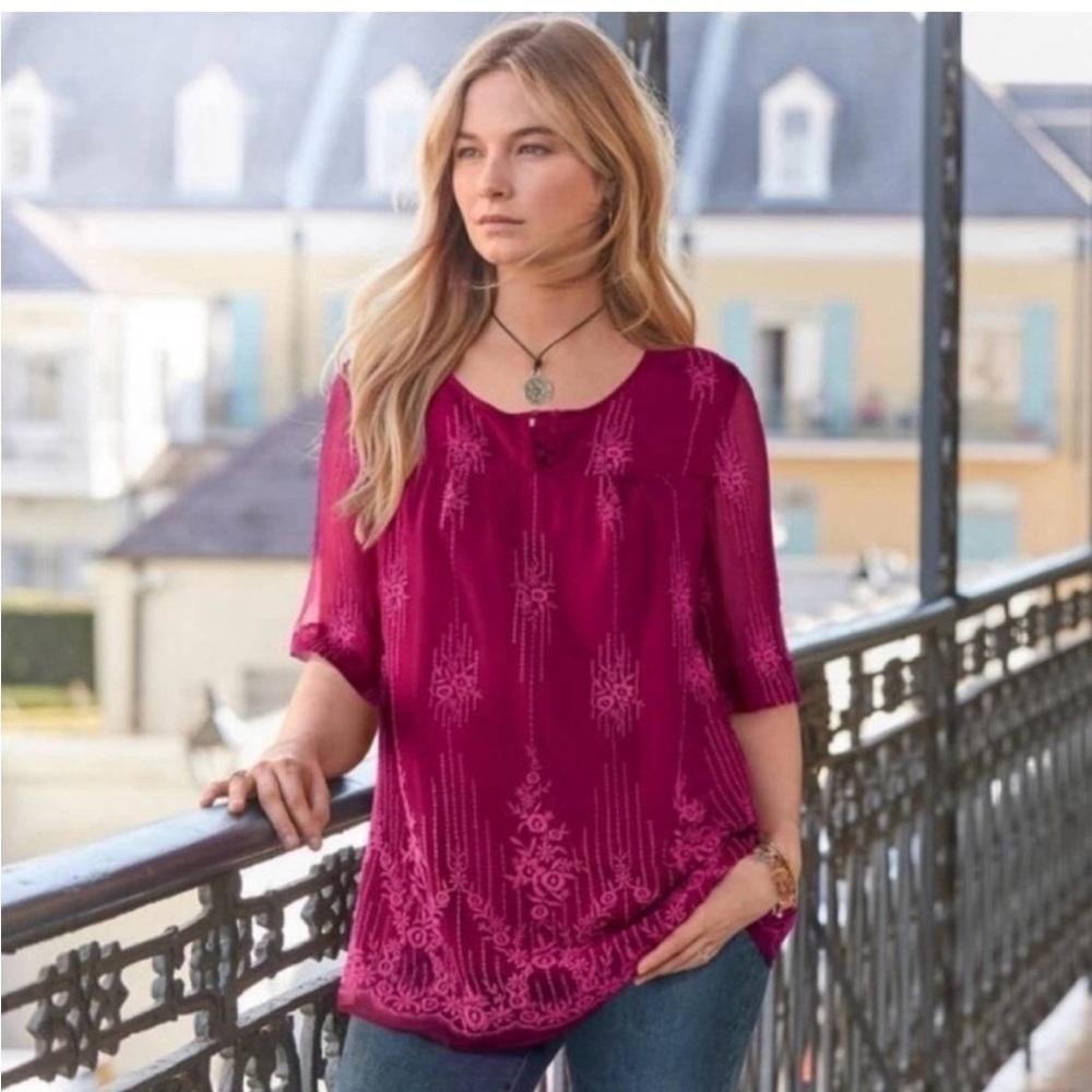 Sundance Cora Embroidered Overlay Blouse Pink Wineberry Boho Size XS